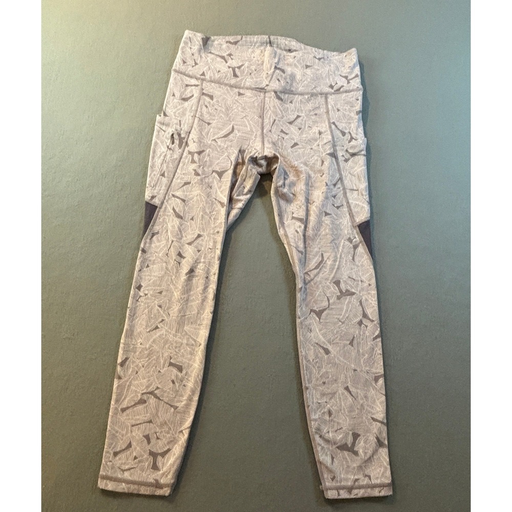 Athleta Leggings Womens L Gray White Abstract Print Side Pockets High Rise Yoga